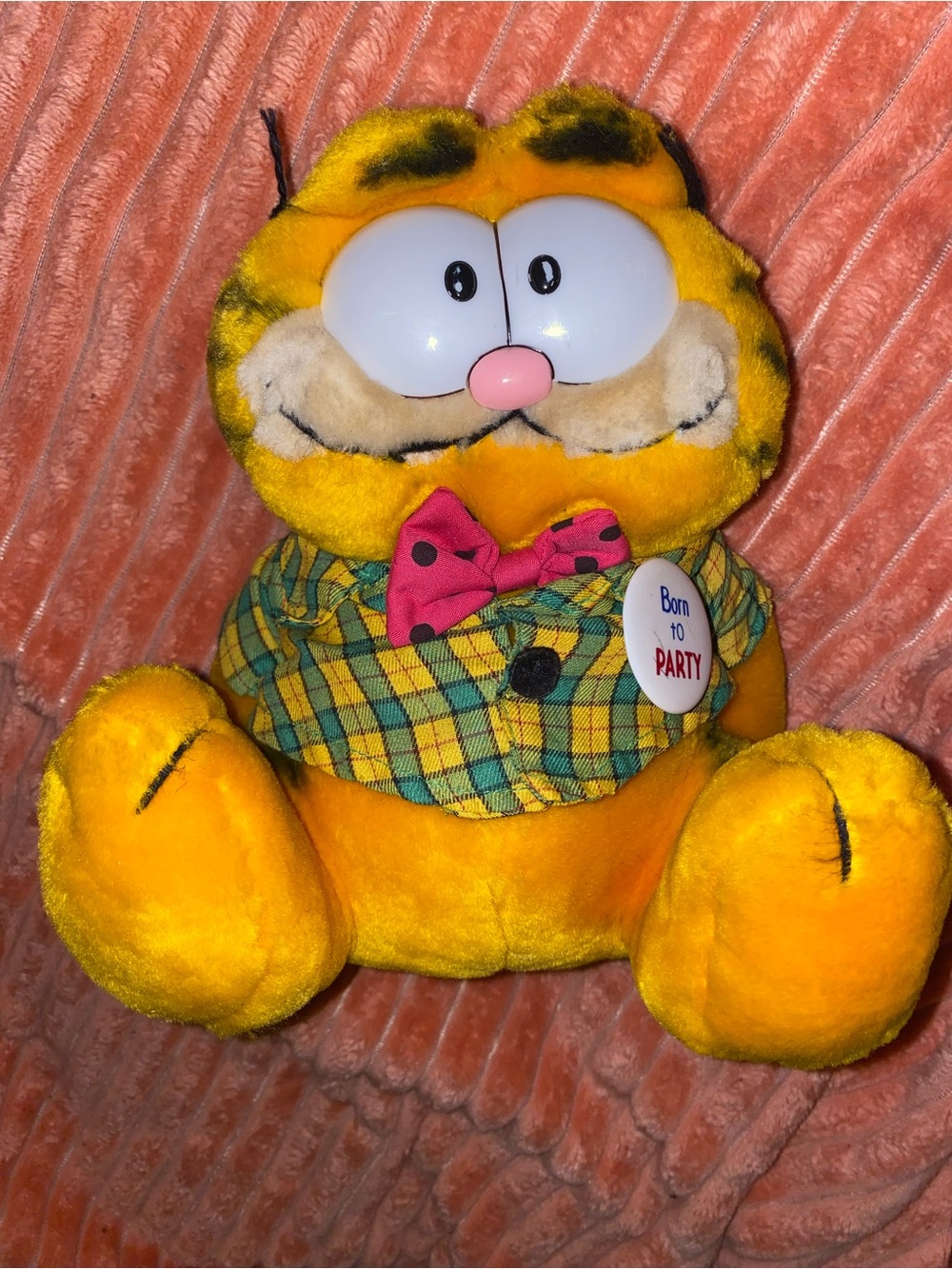 Vintage 1978 Garfield Born to Party Plushie in Yellow with Plaid Shirt